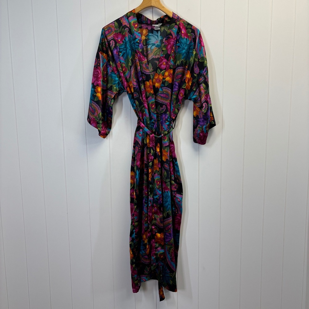 Vintage LA Intimates Boho Floral Satin Kimono Robe Women Size M Paisley Hippie